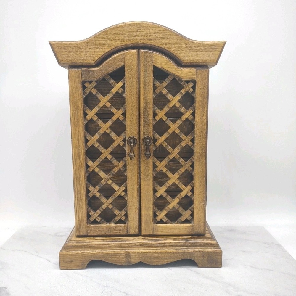 Vtg Royal Sealy Mid Century Wood Jewelry Music Box Lattice Doors 4 Drawers MCM